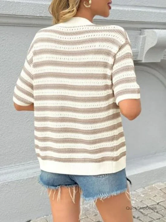 Crochet Knit Cardigan Sweater Short Sleeve V-Neck Button Down - Picture 6 of 7